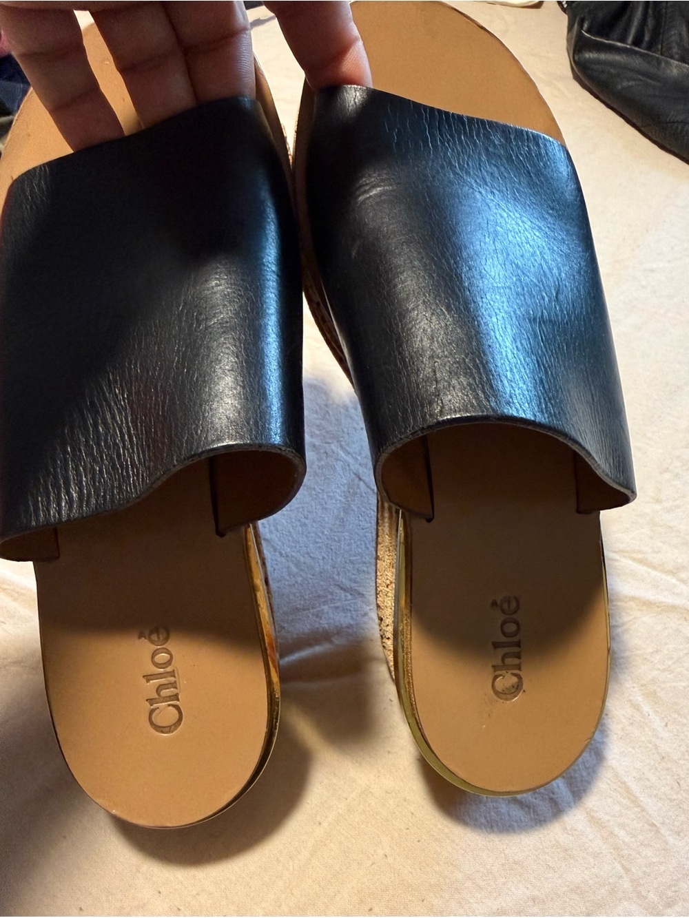 Chloe Black Leather Cork Platform Wedge Slide with Gold Trim, size 8.5 - Picture 3 of 6